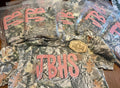 Cotton Collective camo tees with JBHS Devils puff embroidery design, packaged and ready for delivery
