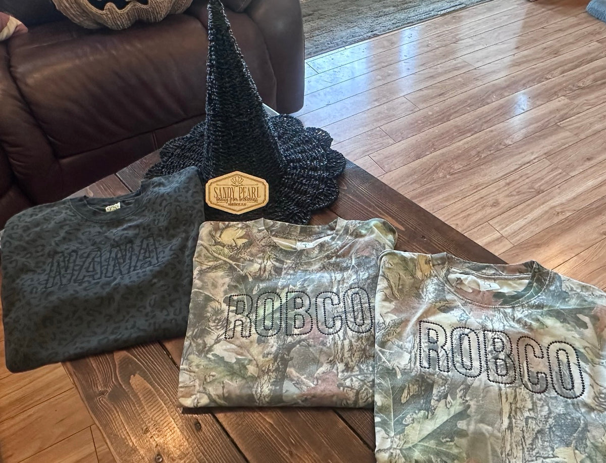 Dot Embroidery Tee - Robertson County School Spirit Camo and Charcoal