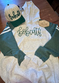 Embroidered color-block hoodie with Bobcats design in green and white, shown with matching Sandy Pearl hat