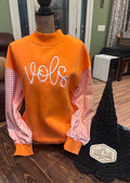 Gingham Sleeve Mockneck Sweatshirt with Custom Embroidery - School Spirit