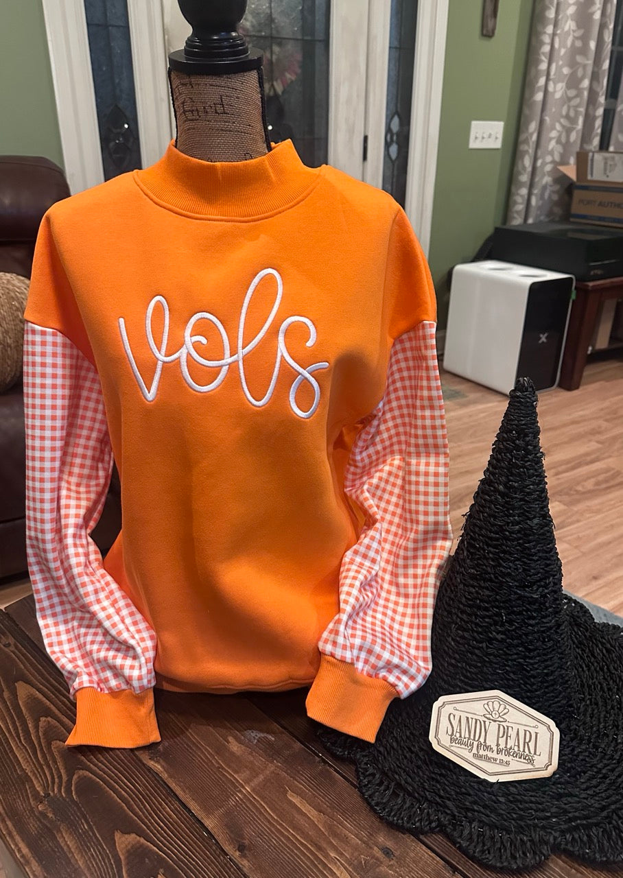 Gingham Sleeve Mockneck Sweatshirt with Custom Embroidery - School Spirit