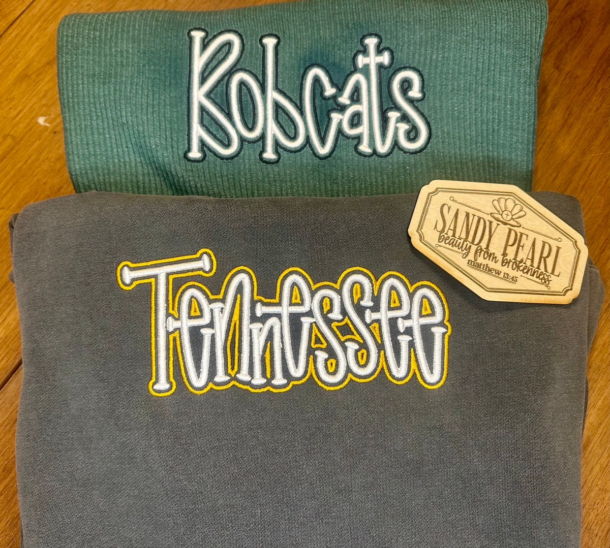 Bobcats and Tennessee puff embroidery crewneck sweatshirts in green and gray