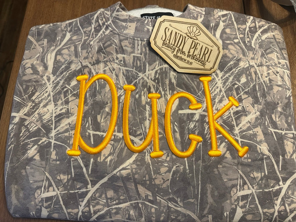 Camo puff embroidery mockneck sweatshirt with Duck design in gold, Sandy Pearl branded