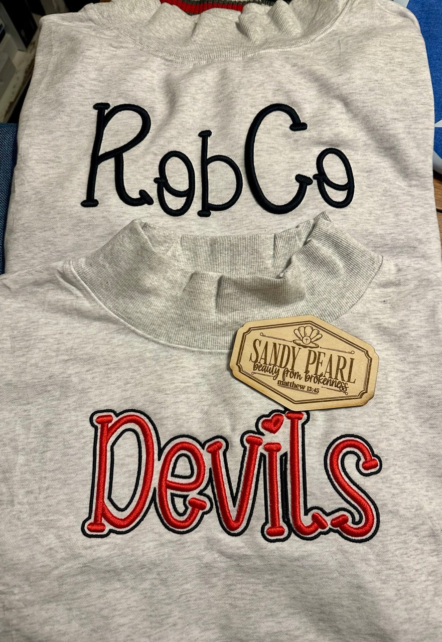 RobCo Devils puff embroidery mockneck sweatshirt in heather grey with red embroidery